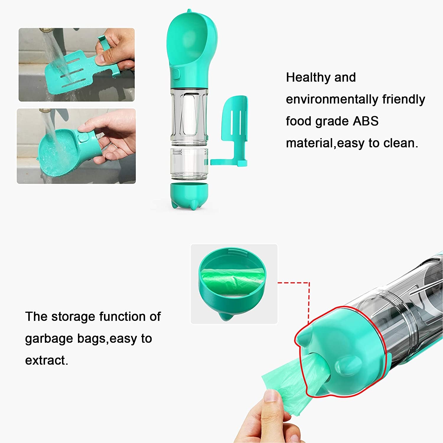 Dog Water Bottle, 4 in 1 Pet Travel Water Cup with Food Box, Shovel,Garbage Bags for Hiking Travel